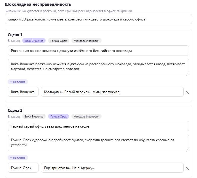 Редактор сценария: сцены, локации, реплики